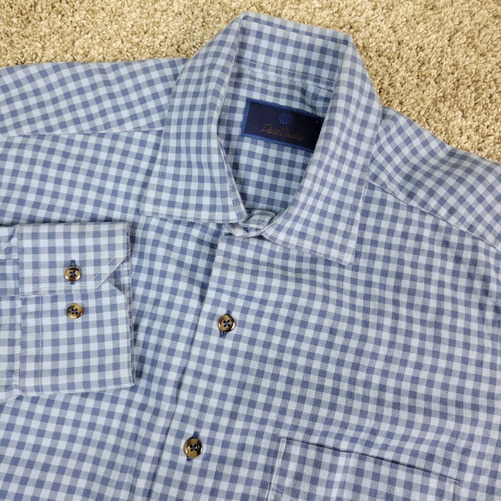 David Donahue Mens Medium Blue Gingham Check Button Up Long Sleeve